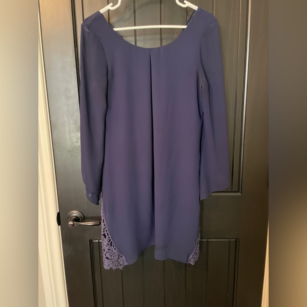 I.N. San Francisco blue dress with lace at the bottom.